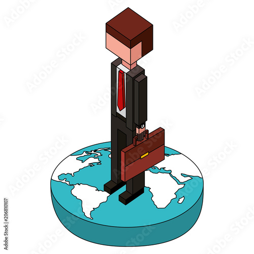 businessman holding briefcase on world isometric vector illustration