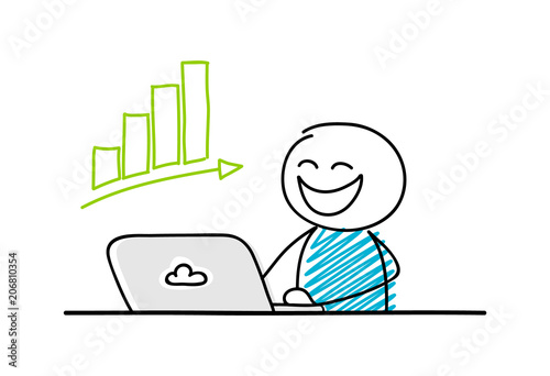 Funny stickman working on laptop - concept with increase graph icon. Vector.