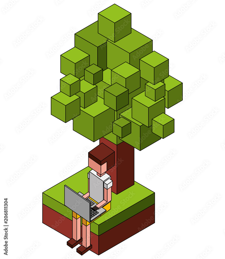 man using laptop near a isometric tree vector illustration