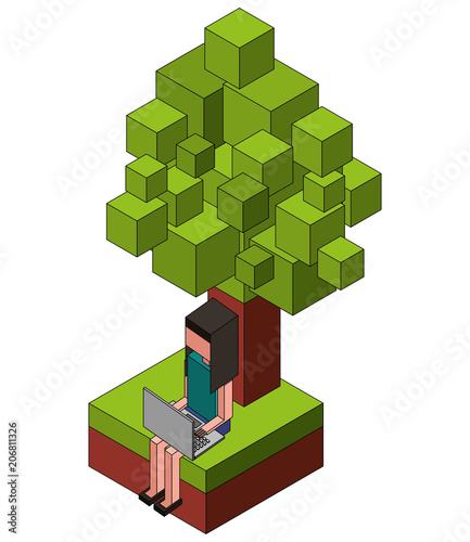young woman using laptop near a isometric tree vector illustration