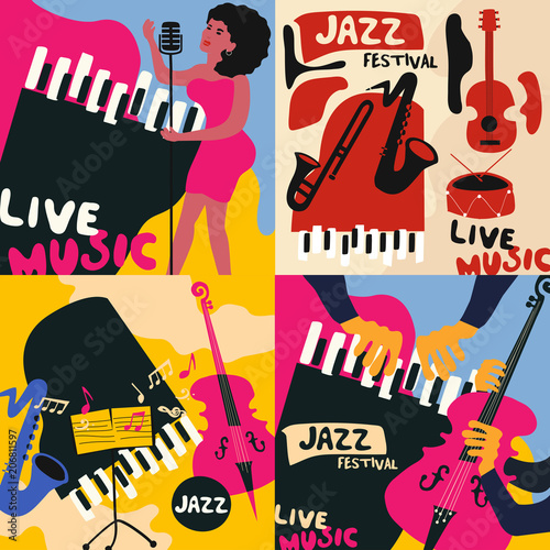 Set of music cards and banners. Music cards with instruments flat vector illustration. Jazz music festival banners. Colorful jazz concert posters