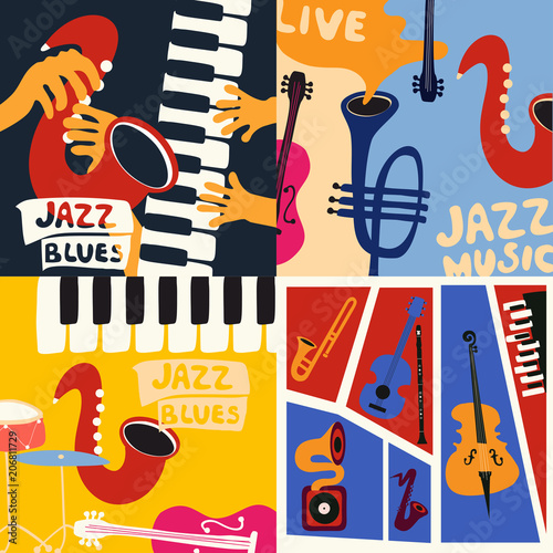 Set of music cards and banners. Music cards with instruments flat vector illustration. Jazz music festival banners. Colorful jazz concert posters
