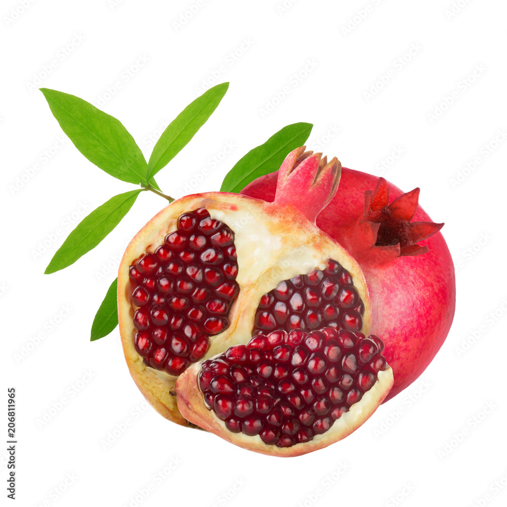 pomegranate with leaves and slice isolated on white background pomegranate with leaves and slice isolated on white background
