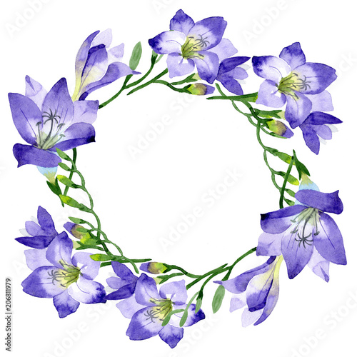 Purple freesia. Floral botanical flower.Frame border ornament square. Aquarelle wildflower for background, texture, wrapper pattern, frame or border.