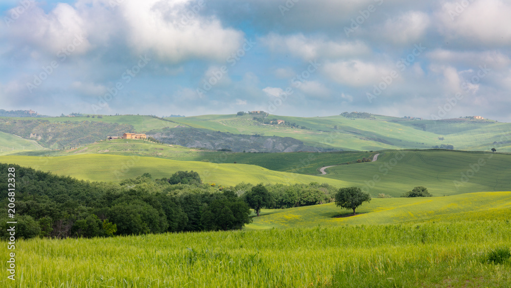 Tuscany in Spring. Landscape of Countryside Scene. Green Fields, Trees and Blue Sky with Clouds. Tuscany in Spring. Landscape of Countryside Scene. Green Fields, Trees and Blue Sky with Clouds.