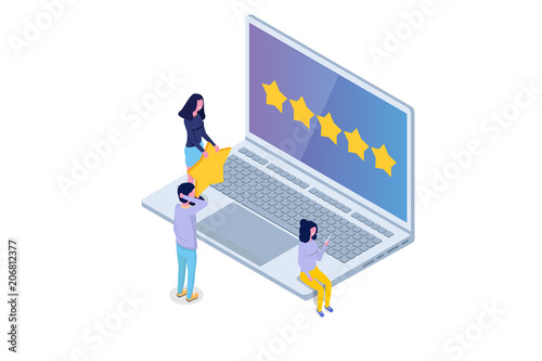 Customer review, Usability Evaluation,  Feedback,  Rating system isometric concept. Vector illustration