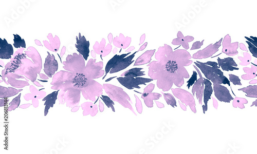 Seamless watercolor floral border pattern in purple