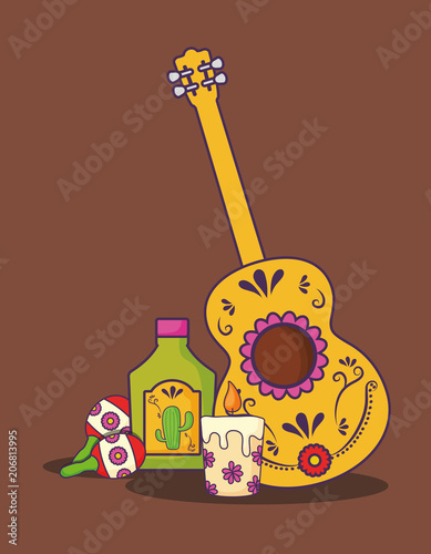 mexican culture design with guitar and tewuila bottle icon over brown background, colorful design. vector illustration photo