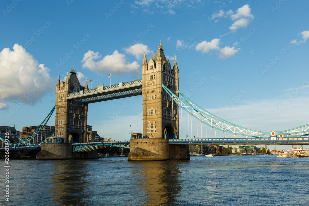 Establishing Shot London Iconic Landmark Tower Bridge. river transport