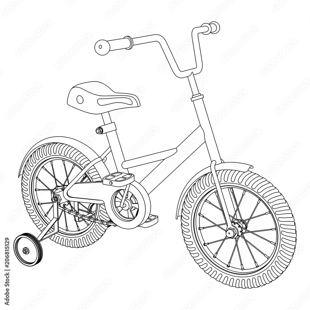 Детский велосипед со съемными тренировочными колесами, контурный векторный  рисунок на белом фоне Stock Vector | Adobe Stock
