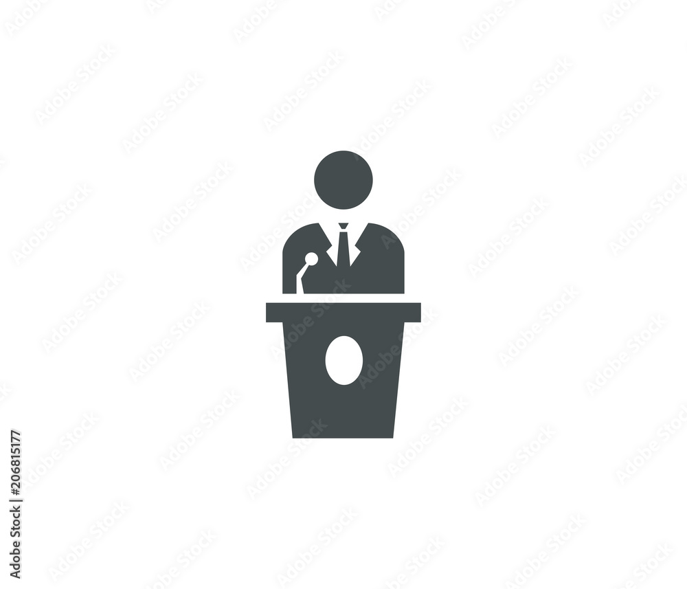 Business man speech on desk icon Business man speech on desk icon