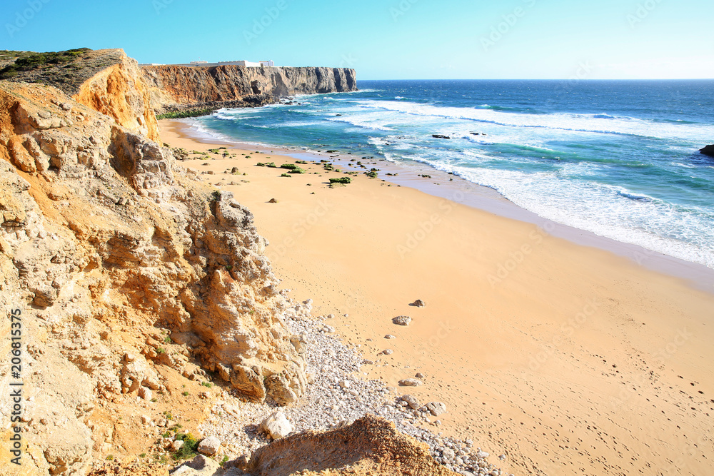 Scenic sand beach near Sagres in west Algarve, Parque Natural Alentejano Costa Vicentina, Portugal