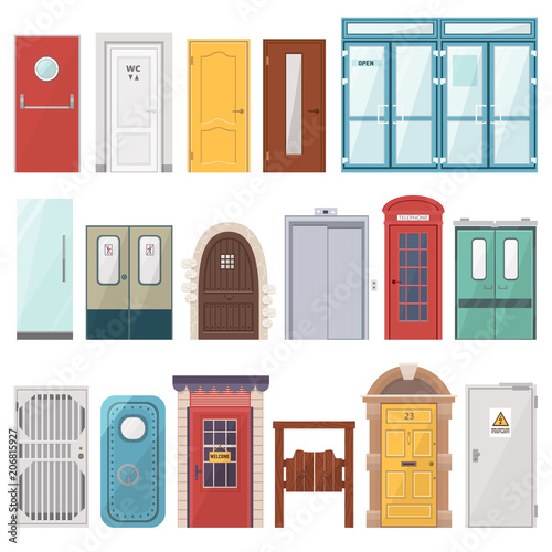 Doors vector doorway front entrance to house and set of building in flat style doorstep illustration isolated on white background