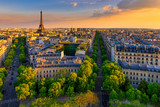 Skyline of Paris with Eiffel Tower in Paris, France. Panoramic sunset view of Paris