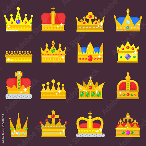 Crown vector golden royal jewelry set symbol of king queen princess crowning prince authority crown jeweles isolated illustration