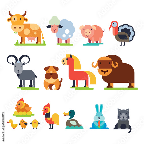 Farm animals vector domestic farming characters cow and sheep, pig, turkey, dog, horse and cat farmer animals set illustration isolated on white background