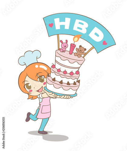 Cartoon vector of girl holding tower cake for birthday.