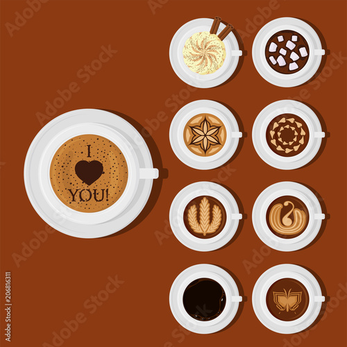 Different types of coffee chocolate cocoa cups top view perfect for menu asso...