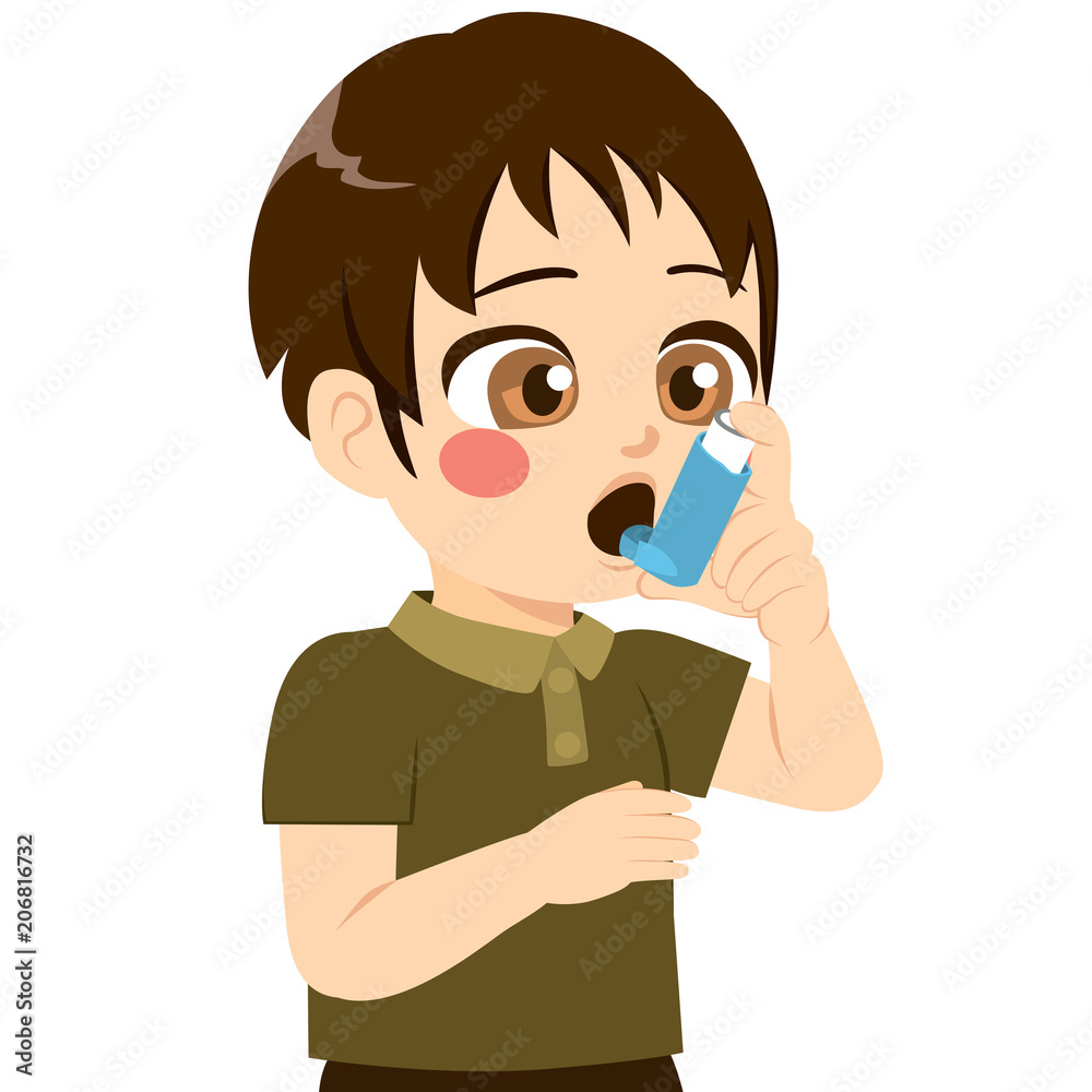 Cute little boy using inhaler for respiratory problem Cute little boy using inhaler for respiratory problem