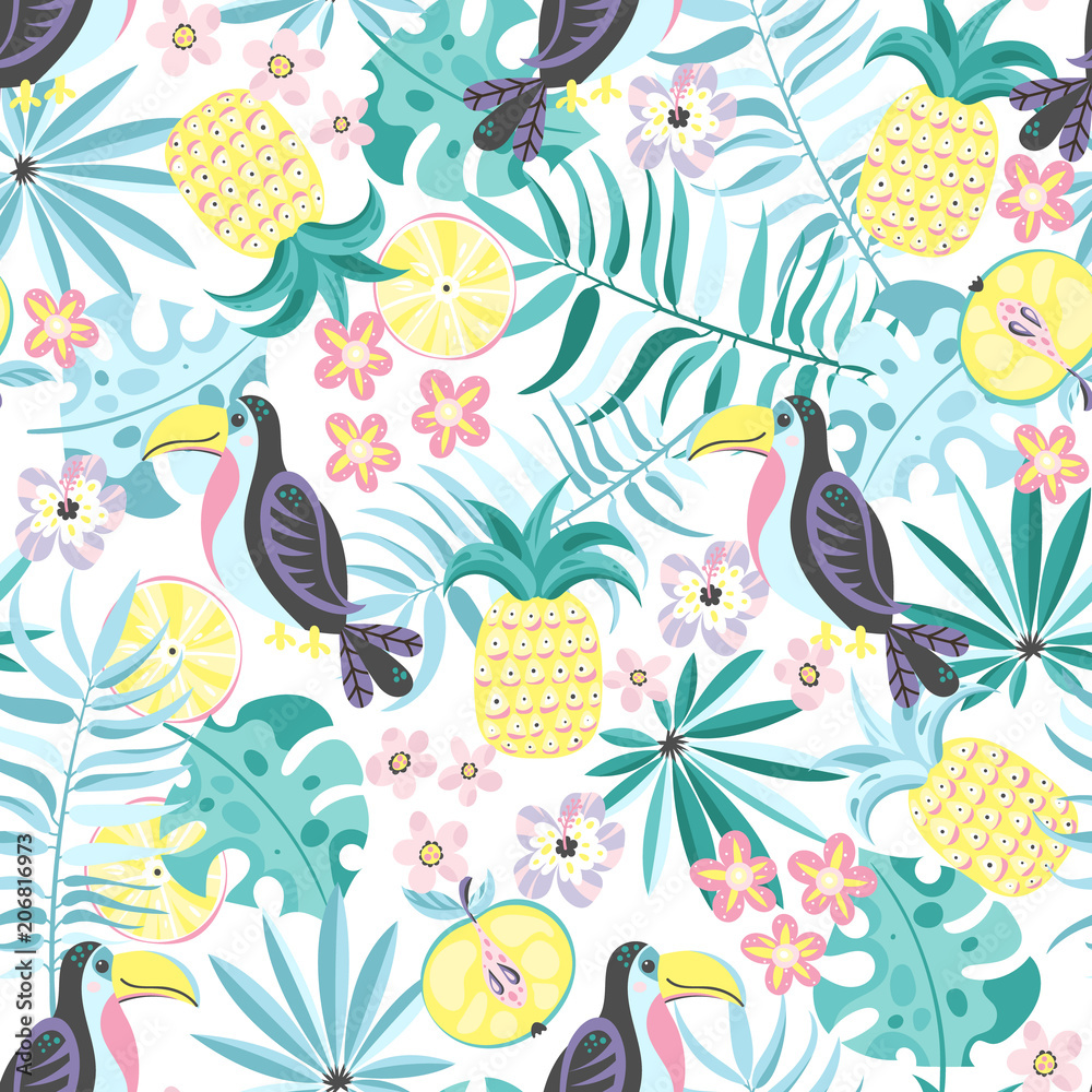 Tropical pattern with toucans and fruits Tropical pattern with toucans and fruits