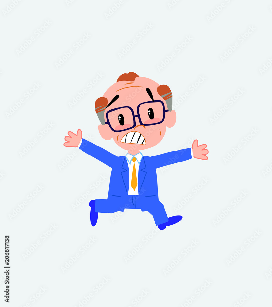Old businessman with glasses running terrified.