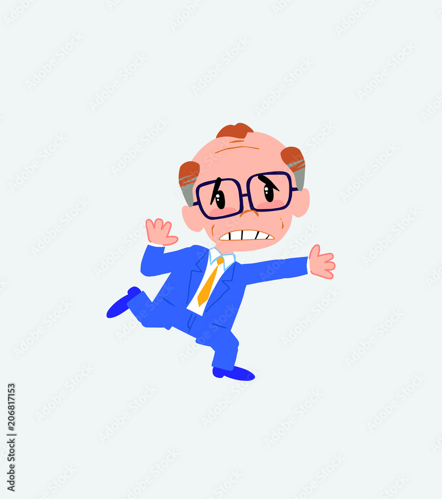 Old businessman with glasses runs alarmed.