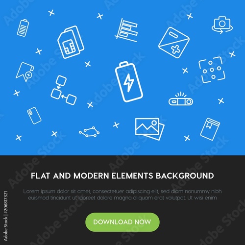 charts, mobile, photos, bookmarks outline vector icons and elements background concept on blue background.Multipurpose use on websites, presentations, brochures and more