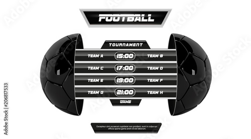 Vector of soccer league with team competition and scoreboard isolated on white background. Football White Banner With 3d Ball and Scoreboard. Soccer game match. Half football ball