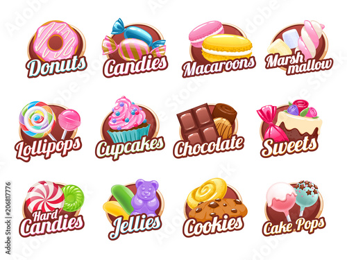 Candies and sweets colorful badges set.