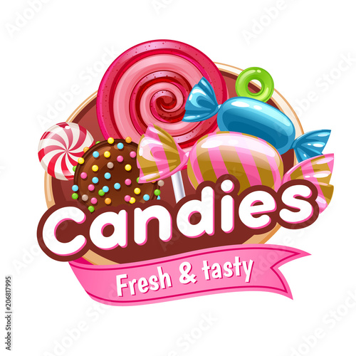 Candies bonbons colorful poster or badge.