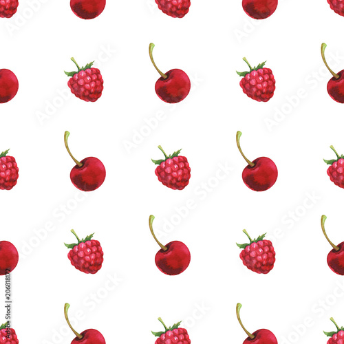 Hand painted minimalist seamless pattern with watercolor cherry and raspberry isolated on white background