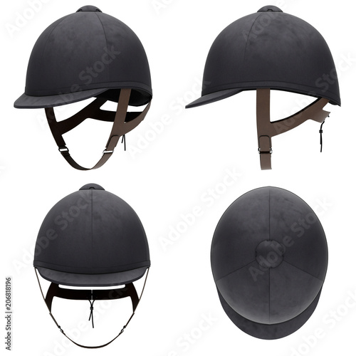 Set of Classic Jockey helmets for horse-riding athlete. All side view. Velvet material. 3D render Illustration isolated on a white background.
