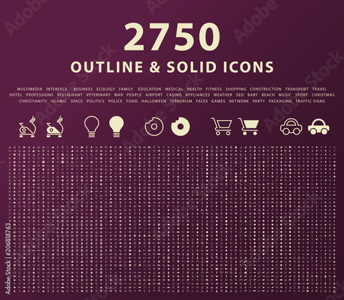 Set of 2750 Outline and Solid Icons on Dark Background . Vector Isolated Elements 