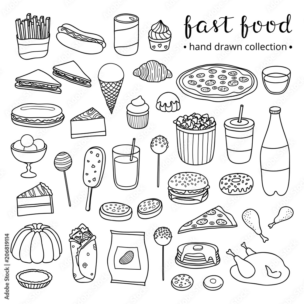 Set of hand drawn fast food meals. Set of hand drawn fast food meals.