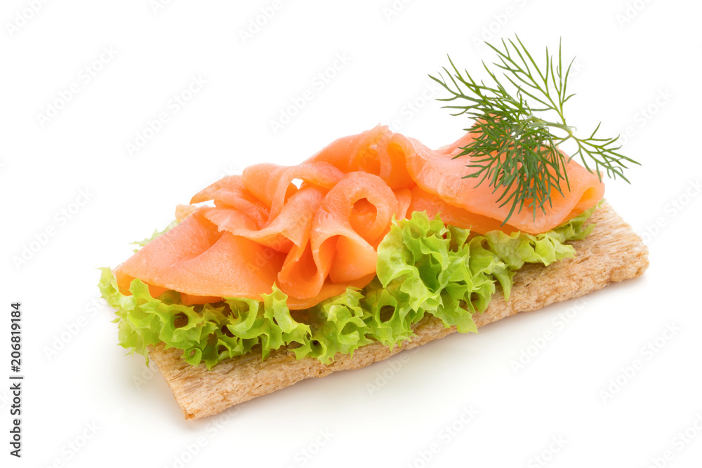Bread with fresh salmon fillet isolated on white background, top view. Bread with fresh salmon fillet isolated on white background, top view.