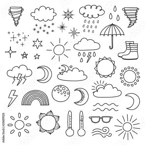 Set of doodle weather icons.