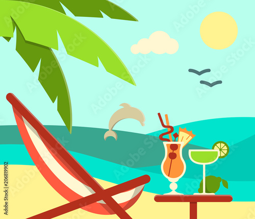 Summer beach card with sea, chaise-longue and cocktails. Flat style vector illustration. EPS10