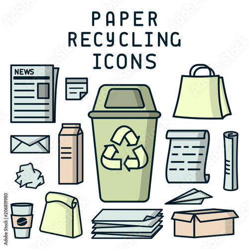 Paper recycling icons. Cartoon style vector illustration. EPS10