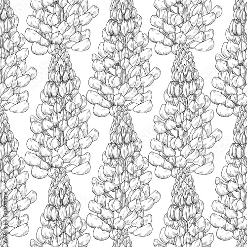 Seamless pattern. Plant in blossom, branch with flower ink sketch. Template for a business card, banner, poster, notebook, invitation, color book