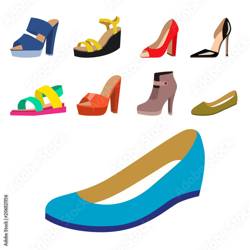 Set of womens shoes flat design vector collection of leather colored moccasins sandals illustration.
