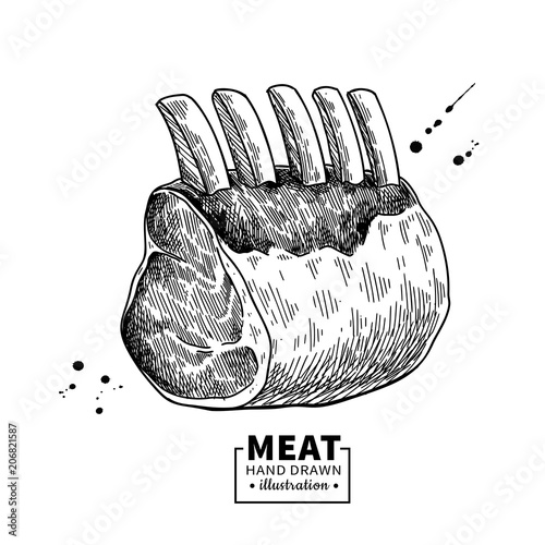 Raw ribs vector drawing. Beef, pork or lamb meat hand drawn sketch.