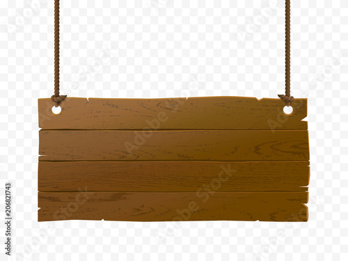 Wooden signboard isolated on checkered background, vector realistic wood texture illustration. Old-style banner with rope.