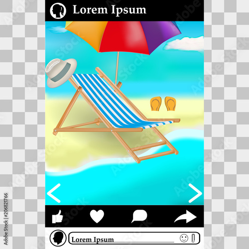 Vector image of a photo with a summer vacation on the beach located in social networks. Chaise-longue, slippers, panama, umbrella from the sun. Transparent background