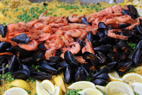 Large pan of seafood paella
