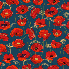 Acrylglasbilder Mohnblumenmuster Leuchtende Mohnknospen auf Dunklem Grund  © taisiyakozorez