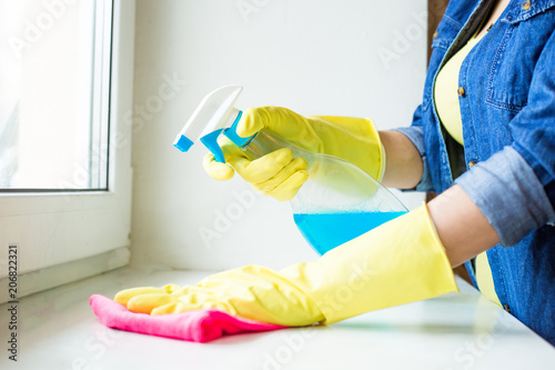 Beautiful Young Woman is Using a Duster and a Spray and Smiling While Cleaning Windows in the House