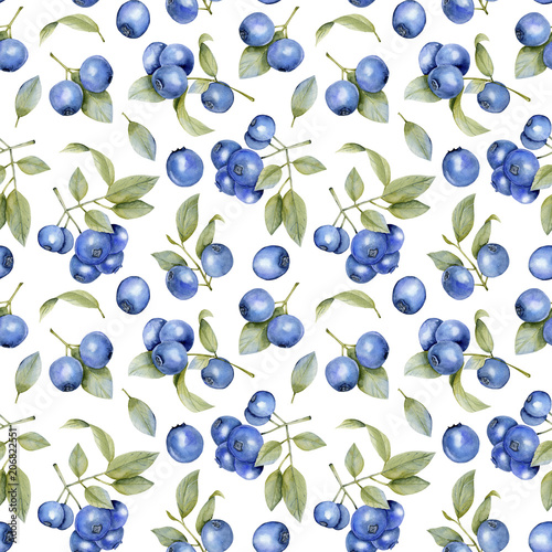 Fotomural Watercolor blueberries seamless pattern, hand painted on a white background