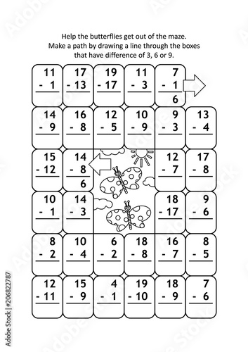 Math maze with subtraction facts: Help the butterflies get out of the maze. Make a path by drawing a line through the boxes that have difference of 3, 6 or 9.
