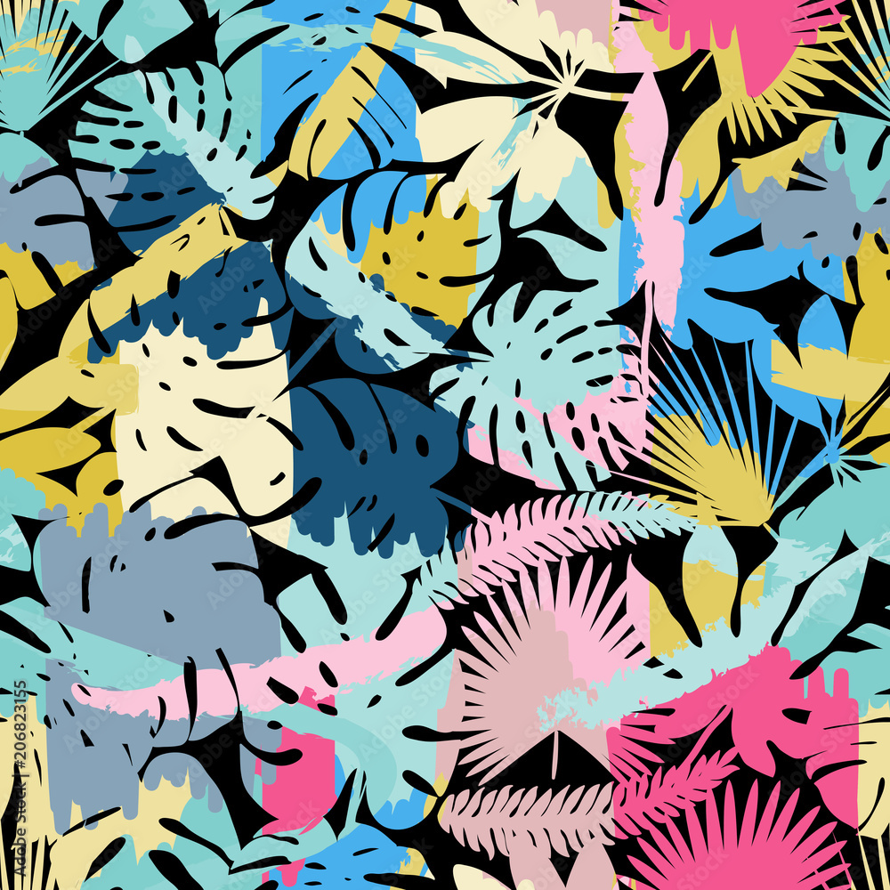 Exotic paradise plant seamless pattern. Art jungle , leaves and tropic palm tree. Print trendy multicolor silhouette painting brash floral summer vector background