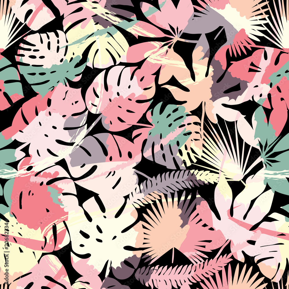 Exotic paradise plant seamless pattern. Art jungle , leaves and tropic palm tree. Print trendy multicolor silhouette painting brash floral summer vector background